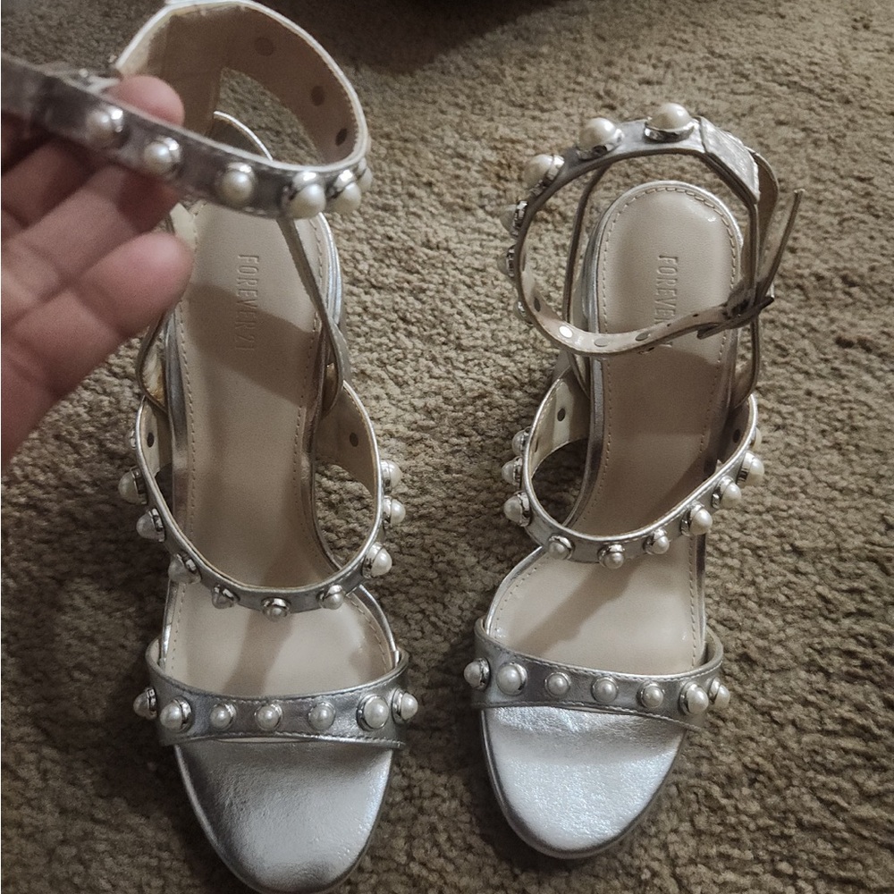 Forever 21 Silver Pearl-Studded Heels